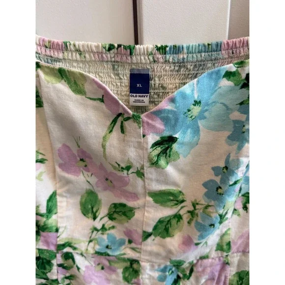 Old Navy Womens XL Linen Blend Floral Midi Dress Sweetheart Neckline Pockets - Picture 3 of 8